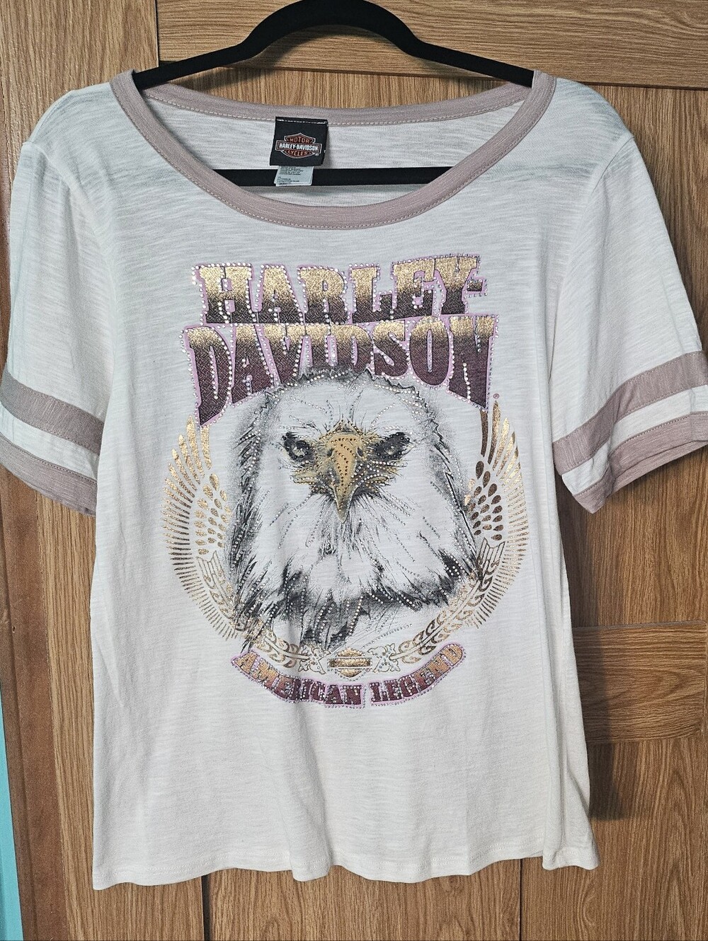 Harley-Davidson Eagle Graphic Tee in White with Taupe Trim And Bling